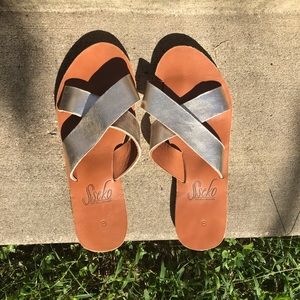 Sseko caramel and gold crossover slides